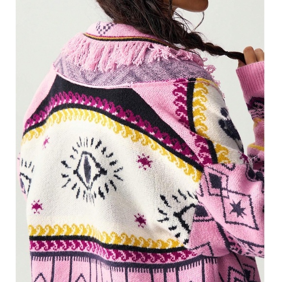 Cozy Pink Blessed Eye Geo Print Fringe Open Front Cardigan - Picture 6 of 6